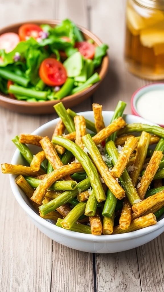 Crispy air fryer green bean fries garnished with Parmesan cheese, served with dipping sauce on a wooden table.